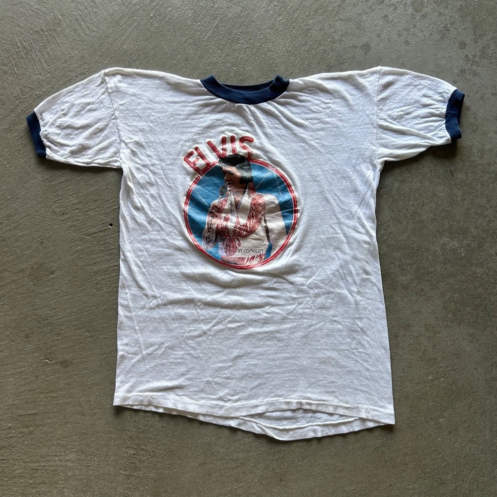 Vintage 70s Elvis Presley Ringer Shirt Size Small White In Concert Rock and Roll